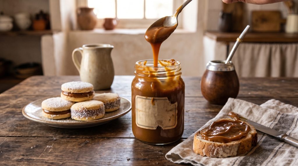 A jar of golden dulce de leche spread with alfajores